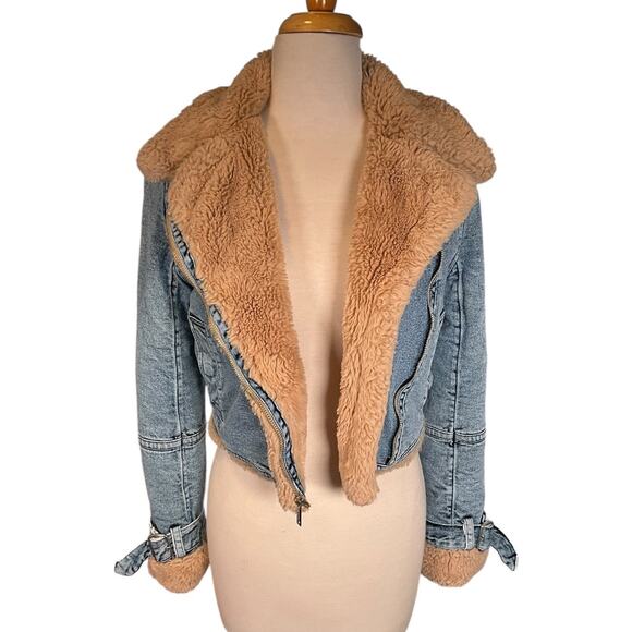Hollister Faux Fur Lined Denim Jacket Women’s XS Y2K Cropped Tan Sherpa Collar - Picture 1 of 13